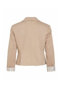 Blazer beige pour femme avec manches longues, poignets retournés montrant un tissu blanc à fines rayures verticales, et un col cranté, vu de dos.