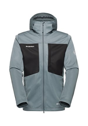 Lichtblauwe softshell jas met capuchon, zwarte borstpanelen, rits aan de voorkant, ritszakken aan de zijkanten en het "Mammut"-logo op de linkerborst.