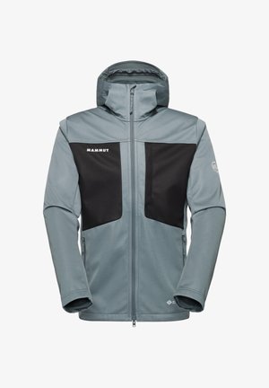 Lichtblauwe softshell jas met capuchon, zwarte borstpanelen, rits aan de voorkant, ritszakken aan de zijkanten en het "Mammut"-logo op de linkerborst.