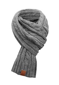 Knitted gray scarf with a textured cable design, featuring a ribbed edge and a brown leather tag.
