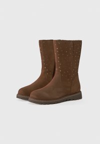 Brown suede ankle boots featuring a textured finish, star-patterned design on the sides, and a rubber sole for traction.