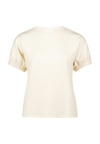 Crème kleurig T-shirt met korte, gerimpelde mouwen. Gemaakt van zachte stof met een ronde halslijn, biedt een ontspannen pasvorm. Eenvoudig ontwerp.