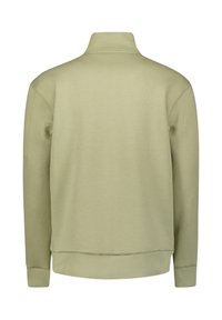 Groene pulloverjas met een hoge kraag, geribbelde manchetten en zoom. Soepele textuur met een eenvoudig ontwerp, zonder zichtbare logo's of patronen.