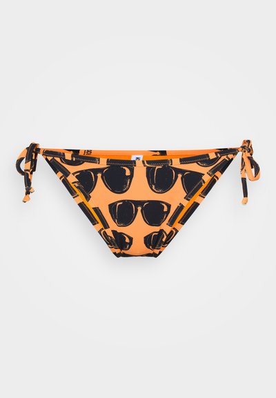 Orange bikini bottom with black sunglasses print, featuring ties on the sides for adjustability. Smooth fabric with a glossy finish.