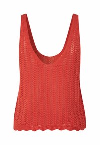 Rotes gestricktes ärmelloses Oberteil mit weitem Rundhalsausschnitt, das ein strukturiertes Muster und einen gewellten Saum aufweist. Leicht und atmungsaktiv.