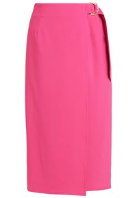 Roze jurkrok met een zijstrikdetail en gouden hardware. Gemaakt van een gladde stof, met een getailleerd silhouet en een lengte tot de knie.