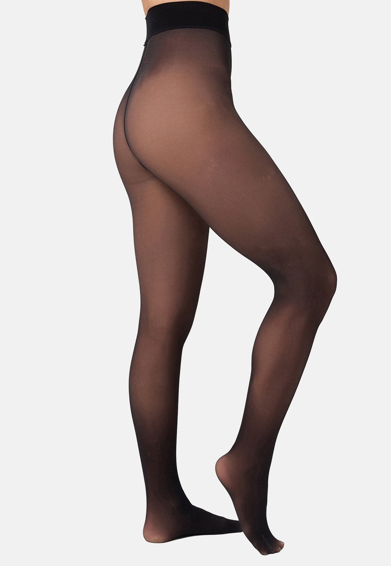 Sinnliche schwarze Strumpfhosen mit hohem Bund, glatter Textur und nahtlosem Abschluss, mit matter Optik und ohne sichtbare Muster.