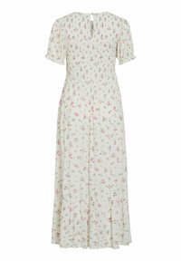 Robe midi blanche avec petit imprimé floral rose et jaune, manches ballon courtes, fermeture par bouton au dos et ourlet de jupe froncé.