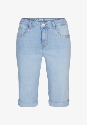Lichtblauwe denim bermuda shorts met opgerolde cuffs, een slim fit, voorzakken en een knoopsluiting. Zachte textuur en klassiek ontwerp.
