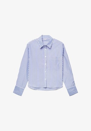 Chemise boutonnée à manches longues à rayures verticales bleues et blanches, avec une poche poitrine et un col pointu.