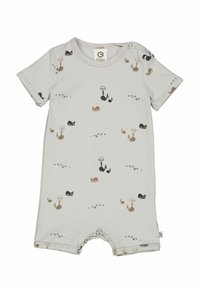 Světle šedý overálek s krátkým rukávem vyrobený z měkké látky, s potiskem barevných velryb a deštníků, se zapínáním na patenty na spodním okraji.