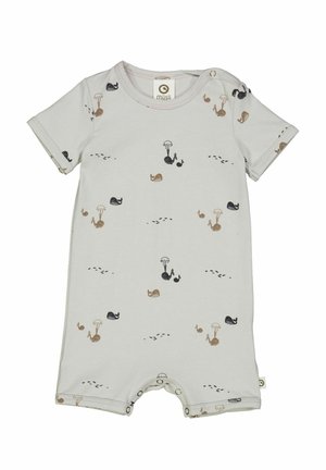 Light gray short-sleeve onesie made from soft fabric, featuring a pattern of colorful whales and umbrellas, with snap closures at the bottom.
