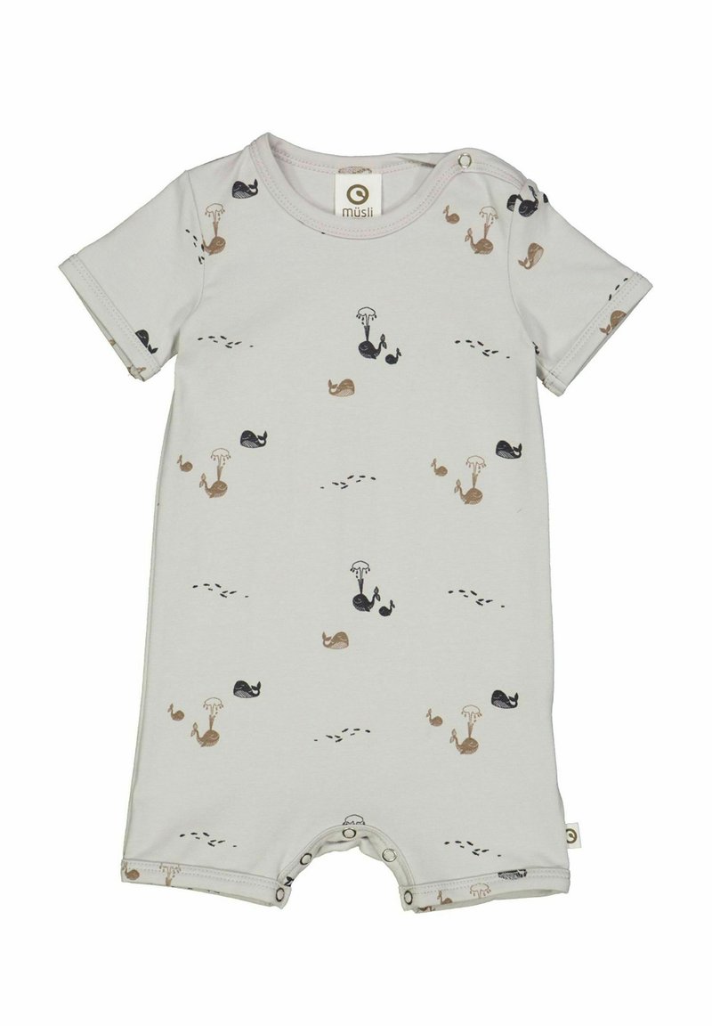 Světle šedý overálek s krátkým rukávem vyrobený z měkké látky, s potiskem barevných velryb a deštníků, se zapínáním na patenty na spodním okraji.