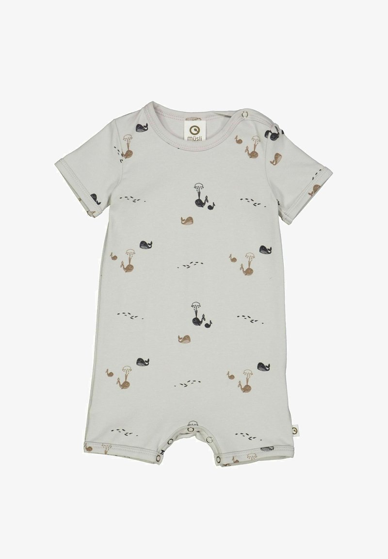 Světle šedý overálek s krátkým rukávem vyrobený z měkké látky, s potiskem barevných velryb a deštníků, se zapínáním na patenty na spodním okraji.