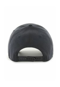 Black adjustable baseball cap made from fabric. Features a curved visor and a plastic snap closure at the back for size adjustment.