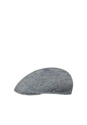 Gray flat cap with a subtle herringbone pattern and small stitched details, displayed against a white background.