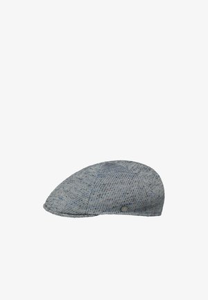 Gray flat cap with a subtle herringbone pattern and small stitched details, displayed against a white background.