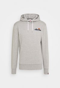 Sweat à capuche gris en mélange de coton, doté d'une poche kangourou, d'une capuche avec cordon de serrage, et d'un logo brodé en bleu marine et rouge sur la poitrine.