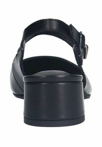 Sandal in pelle nera con tacco spesso, cinturino alla caviglia regolabile, punta arrotondata e texture liscia. Design minimalista con una finitura elegante.