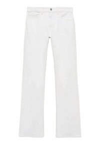 Jeans albe evazate dintr-un material de bumbac fin, cu cinci buzunare, închidere cu un nasture metalic și bucle pentru curea. Picioarele au un detaliu subtil de finire.