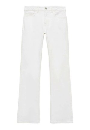 Witte flared jeans van een gladde katoenstof, met vijf zakken, een metalen knoopsluiting en riemlussen. De pijpen hebben een subtiele verfijning.