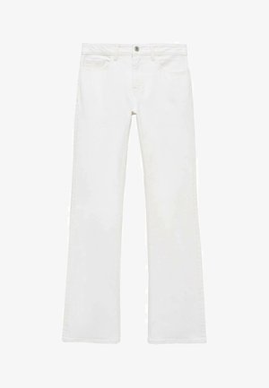 Weiße, ausgestellte Jeans aus einem glatten Baumwollstoff, mit fünf Taschen, einem Metallknopfverschluss und Gürtelschlaufen. Die Beine haben ein leichtes Verfeinerungsdetail.