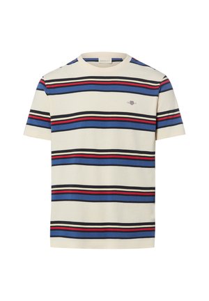 T-shirt beige à manches courtes avec des rayures horizontales en bleu, noir, rouge et un petit logo écusson brodé sur la poitrine.