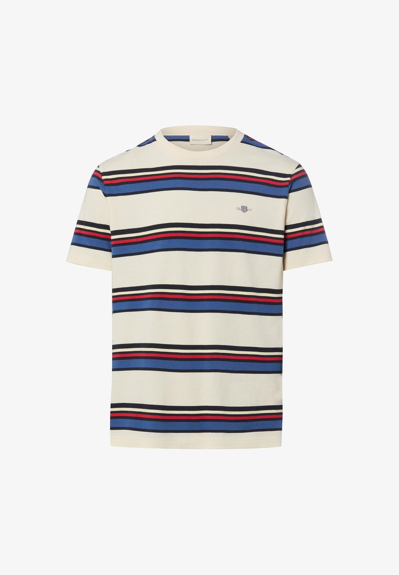 T-shirt beige à manches courtes avec des rayures horizontales en bleu, noir, rouge et un petit logo écusson brodé sur la poitrine.