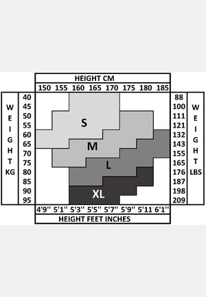 Størrelsesdiagram, der viser højde i cm og tilhørende vægtområder i kg. Baggrunden er hvid; teksten er sort; størrelserne er farvekodet i nuancer af grå.