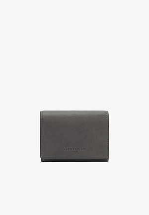 Grauer Leder-Wallet mit strukturiertem Finish, ausgestattet mit einem Klappdesign und einem geprägten Markenlogo auf der Vorderseite. Kompakte rechteckige Form.