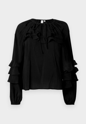 Blusa preta com gola e mangas volantes. Feita de tecido leve, apresenta punhos elásticos e um corte descontraído, com babados decorativos em camadas.