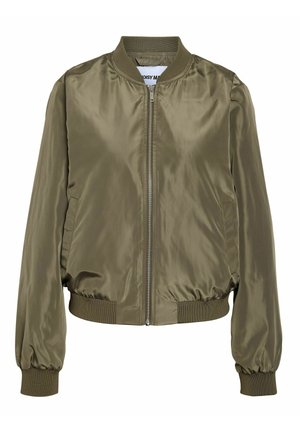 Lyse olivengrøn satin bomberjakke med lynlås foran, ribbet krave, manchetter og taljebånd, med sidelommer.