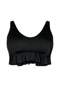Zwart crop top met brede schouderbanden en een gerimpelde zoom aan de onderkant, gemaakt van een gladde stof.