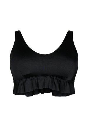Schwarzes Crop-Top mit breiten Schulterträgern und rüschengeschmücktem Saum, aus glattem Stoff gefertigt.