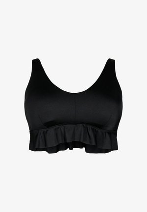 Juodas trumpas viršus su plačiomis petnešomis ir raukšlėtu apvadu apačioje, pagamintas iš lygaus audinio.