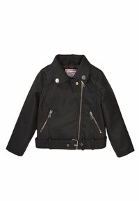 Giacca motociclista in pelle nera con zip, vita regolabile e colletto a punta. Texture liscia con dettagli in metallo argentato.