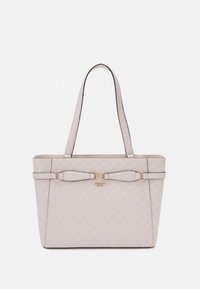 Borsa tote grigio chiaro con texture, dotata di doppi manici, dettagli in metallo dorato e un fiocco decorativo sul davanti. Dimensioni: media.