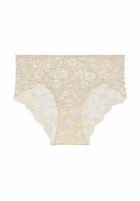 Beige kanten hipsteronderbroek met bloemmotieven, een semi-doorzichtige textuur en een gladde achterkant voor comfort en pasvorm.