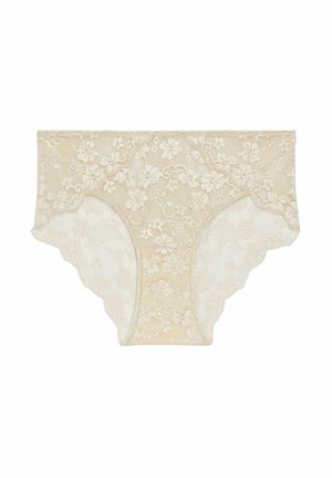 Beige pitsitärkeit vaihtuvioletin kukkakuvioin, puoliksi läpikuultavalla pinnalla ja sileällä kangastakilla mukavuutta ja istuvuutta varten.