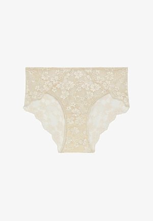 Beige pitsitärkeit vaihtuvioletin kukkakuvioin, puoliksi läpikuultavalla pinnalla ja sileällä kangastakilla mukavuutta ja istuvuutta varten.