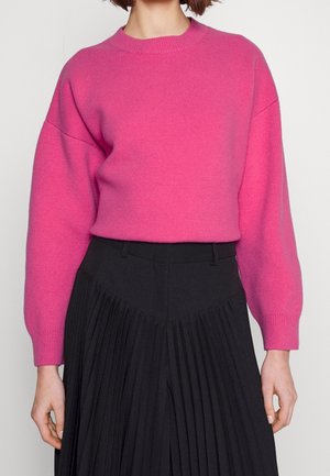 Personne portant un pull rose vif à manches longues rentré dans une jupe plissée noire taille haute sur un fond uni.