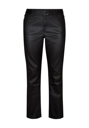 Zwarte jeans in stretchstof met een slim fit, voorzien van een knoopsluiting, vijf zakken en een subtiele glans voor extra detail.