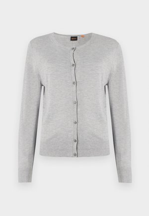Gray knitted cardigan with long sleeves, round neckline, and button closure. Features a ribbed hem and cuffs. Smooth texture.