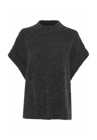 Dunkelgrauer gestrickter Pullover mit kurzen Ärmeln, hohem Kragen, weicher Textur und lockerer Passform. Keine sichtbaren Verschlüsse oder Muster.