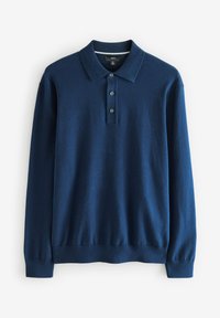 Jūras zila garo piedurkņu polo krekls, izgatavots no gludas adītas auduma, ar apkakli, pogu slīdni un ribotām aprocēm.