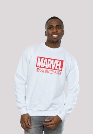 Hvit hettegenser med en dristig rød "MARVEL"-logo og ulike symboler. Lange ermer med ribbestrikkede mansjetter, bomullstoff, avslappet passform.