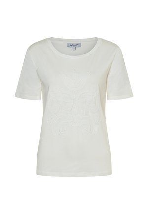 Wit dames T-shirt met korte mouwen, een ronde hals en een subtiel geborduurd bloemmotief aan de voorkant.