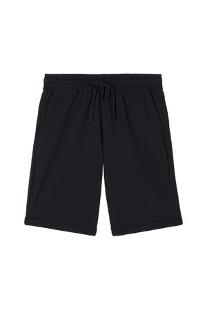 Pantalones cortos de cintura elástica negra con cordón y bolsillos laterales, dobladillo de corte recto, estilo casual.