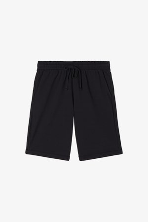 Pantalones cortos de cintura elástica negra con cordón y bolsillos laterales, dobladillo de corte recto, estilo casual.