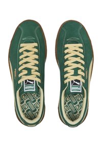 Baskets en daim vert avec lacets beiges, dotées d'un patch logo et d'une semelle intérieure à motifs. Semelle en caoutchouc avec accents marron. Design athlétique classique.